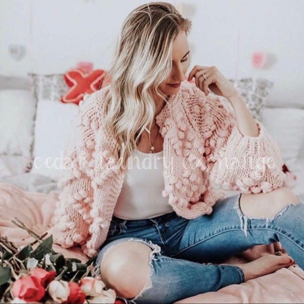 Blush Cardigan With Heart Pom Poms